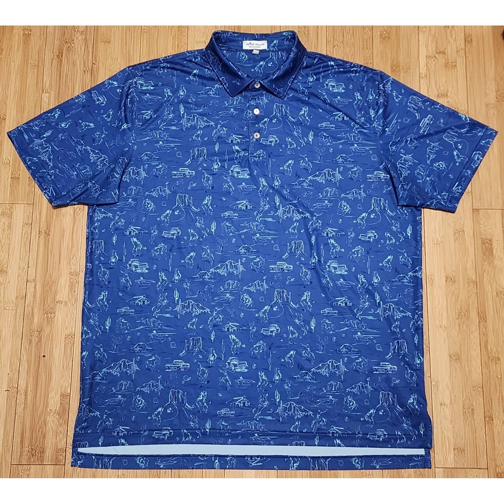 Peter Millar Polo Shirt Mens Sz XL Blue Summer Comfort Western Rodeo Print Golf